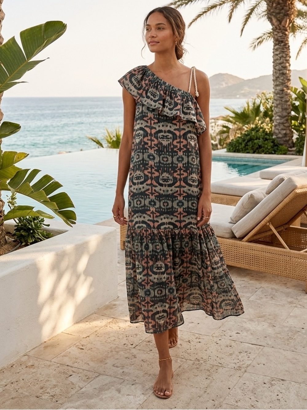 ULLA JOHNSON / Daniela Print One Shoulder Midi Dress - Sz M